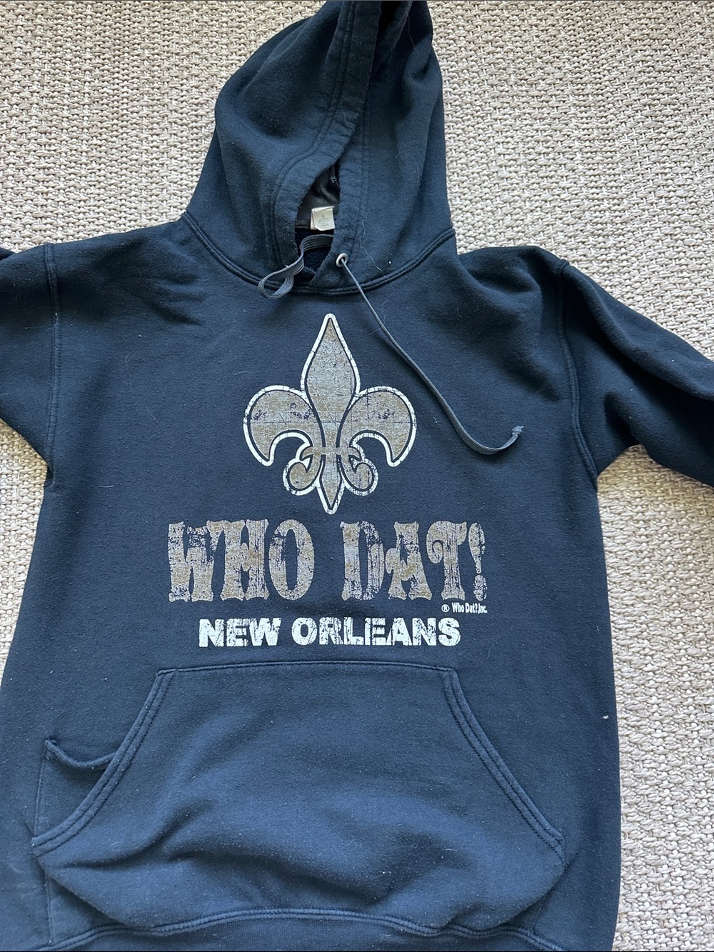 Fruit of the Loom Black Hoodie with Distressed Gold Fleur-de-Lis